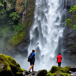 Caribbean Holidays, Trinidad Nature Holidays, Visitors walking beside a rainforest waterfall in the Northern Range of Trinidad after a light tropical shower