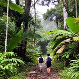 Caribbean Holidays, Trinidad October Adventures, Hikers walking through lush rainforest in the Northern Range of Trinidad, with tall trees, tropical foliage and soft morning light