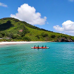 Caribbean Holidays, Trinidad October Adventures, Kayakers paddling along the calm coastline of Tobago beside green hills and clear turquoise water