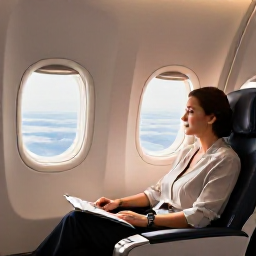 Caribbean Holidays, Trinidad October, Business class passenger relaxing in a comfortable aircraft seat, warm Caribbean light through the window, elegant travel atmosphere