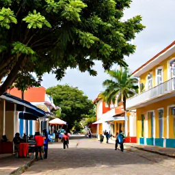 Caribbean Holidays, Trinidad October, Colourful Port of Spain street scene in October, tropical trees, local shops, historic buildings and people enjoying the city