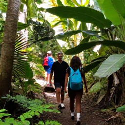Caribbean Holidays, Trinidad October, Friendly local guide leading travellers along a rainforest trail in Tobago, with tropical plants and filtered sunlight