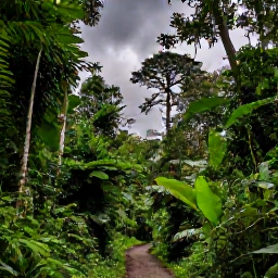 Caribbean Holidays, Trinidad October, Lush Trinidad rainforest in October with dramatic clouds, emerald foliage and a narrow forest trail near Port of Spain