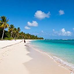 Caribbean Holidays, Trinidad October, Quiet tropical beach in Tobago with clear turquoise water, pale sand, palms and a snorkeller near the shore