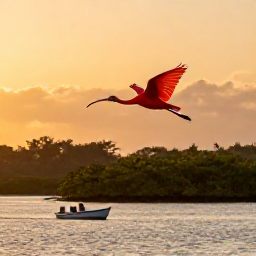 Caribbean Holidays, Trinidad October, Scarlet ibis flying over mangrove wetlands in Trinidad at sunset, with a small boat and calm water