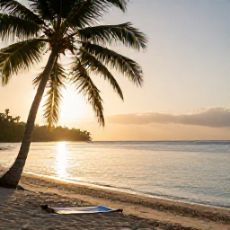 Caribbean Holidays, Trinidad October Wellness, A peaceful tropical beach in Trinidad and Tobago at sunrise, calm sea, soft golden light, palm trees and a yoga mat on the sand