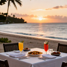 Caribbean Holidays, Trinidad October Wellness, A relaxed beachfront dinner in Tobago at sunset, with local Caribbean food, tropical drinks and a calm sea in the background