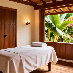 Caribbean Holidays, Trinidad October Wellness, A tranquil spa treatment room inspired by Trinidad and Tobago, with natural wood, tropical plants, soft towels and warm daylight