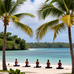 Caribbean Holidays, Trinidad October Wellness, Visitors practising yoga beside a calm Caribbean beach in Trinidad and Tobago, surrounded by palms and tropical greenery
