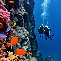 Caribbean Holidays, Trinidad Scuba Diving, Divers descending beside a dramatic rocky underwater wall with tropical fish and soft corals near Trinidad