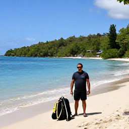 Caribbean Holidays, Trinidad Scuba Diving, Friendly professional dive guide preparing scuba equipment beside a tropical beach in Trinidad
