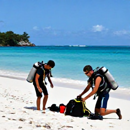 Caribbean Holidays, Trinidad Scuba Diving, Friendly scuba divers preparing equipment beside a tropical beach in Trinidad and Tobago