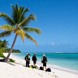 Caribbean Holidays, Trinidad Scuba Diving, Friendly scuba diving group preparing equipment beside a tropical beach in Tobago, with palm trees and calm turquoise sea
