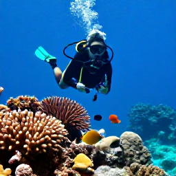 Caribbean Holidays, Trinidad Scuba Diving, Scuba diver exploring a healthy coral reef with angelfish and parrotfish near Tobago