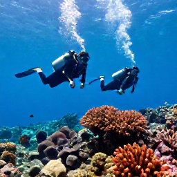 Caribbean Holidays, Trinidad Scuba Diving, Scuba divers descending beside a colourful coral reef near Tobago, with tropical fish and sunlight filtering through the water