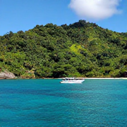 Caribbean Holidays, Trinidad Scuba Diving, Small dive boat departing from a tropical bay with lush green hills and calm turquoise water