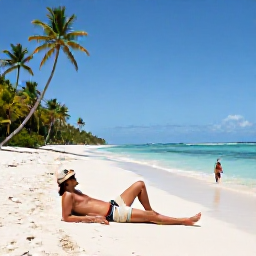 Caribbean Holidays, Trinidad Scuba Diving, Traveller relaxing on a sandy Caribbean beach after scuba diving, with palm trees and a calm sea