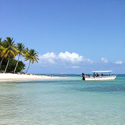 Caribbean Holidays, Trinidad Scuba Diving, Tropical Trinidad coastline with calm turquoise sea, palm-fringed beach and a small boat ready for a dive trip