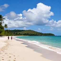 Caribbean Holidays, Trinidad September, A peaceful sandy beach in Tobago with turquoise water, green hills and a couple walking along the shoreline under scattered tropical clouds