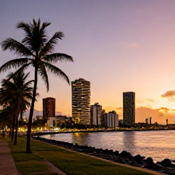 Caribbean Holidays, Trinidad September Breaks, Golden evening view across the Gulf of Paria from Port of Spain waterfront, with palm trees and warm city lights