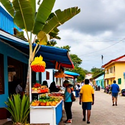 Caribbean Holidays, Trinidad September, Colourful Port of Spain street scene with market stalls, tropical plants, local food and visitors exploring Trinidad