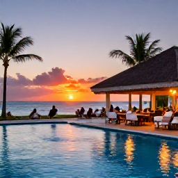 Caribbean Holidays, Trinidad September, Elegant all-inclusive resort in Tobago at sunset, with a swimming pool, outdoor dining area, palm trees and guests relaxing