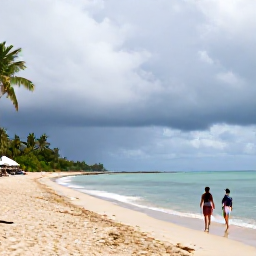 Caribbean Holidays, Trinidad September, Happy travellers enjoying a relaxed Caribbean holiday at a beachfront resort in Trinidad and Tobago, with warm rain clouds clearing over the sea