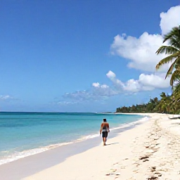 Caribbean Holidays, Trinidad Solo Holidays, A lone traveller walking along a bright Caribbean beach in Trinidad, with calm turquoise water and palm trees