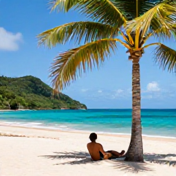 Caribbean Holidays, Trinidad Solo Holidays, A peaceful golden beach in Tobago with turquoise water, green hills and a solo traveller relaxing beneath a palm tree