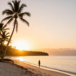 Caribbean Holidays, Trinidad Solo Holidays, A peaceful Tobago beach at sunset with a single traveller, soft golden light, calm sea and palm trees