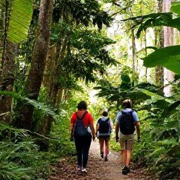 Caribbean Holidays, Trinidad Solo Holidays, A small group of solo travellers enjoying a guided rainforest walk in Tobago, surrounded by lush tropical trees and soft July sunlight
