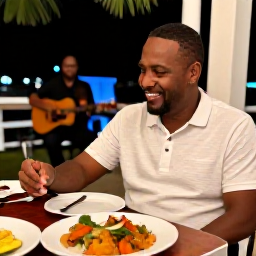 Caribbean Holidays, Trinidad Solo Holidays, A solo traveller enjoying a relaxed Caribbean evening at a Trinidad and Tobago restaurant with local dishes and live music