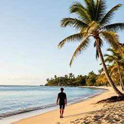 Caribbean Holidays, Trinidad Solo Holidays, A solo traveller walking along a bright tropical beach in Trinidad and Tobago during July, with calm sea, palm trees and warm afternoon light