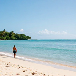 Caribbean Holidays, Trinidad Solo Holidays, Bright December morning on a relaxed Trinidad beach, with calm turquoise water, golden sand and a solo traveller enjoying the coastline