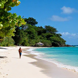 Caribbean Holidays, Trinidad Solo Holidays, Colourful tropical Tobago coastline with clear blue water, quiet beach, lush vegetation and a solo visitor exploring the island