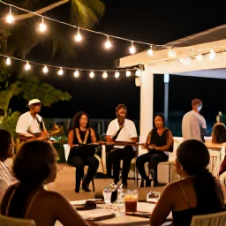 Caribbean Holidays, Trinidad Solo Holidays, Festive Trinidad evening in December, with warm lights, local musicians, outdoor dining and friendly holiday atmosphere
