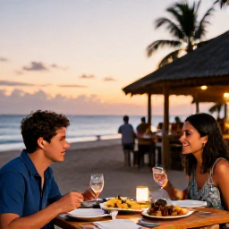 Caribbean Holidays, Trinidad Solo Holidays, Friendly solo traveller dining outdoors at a Caribbean restaurant in Tobago at sunset with local food and soft evening light