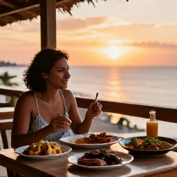 Caribbean Holidays, Trinidad Solo Holidays, Friendly solo traveller enjoying a sunset meal at a relaxed seaside restaurant in Trinidad, with local dishes and gentle coastal light