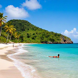 Caribbean Holidays, Trinidad Solo Holidays, Peaceful December afternoon at Maracas Bay in Trinidad, with palm-fringed hills, a sandy beach and a solo traveller swimming in clear sea