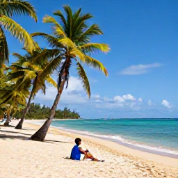 Caribbean Holidays, Trinidad Solo Holidays, Peaceful Maracas Bay beach in Trinidad with palm trees, golden sand, turquoise sea and a lone traveller relaxing by the shore
