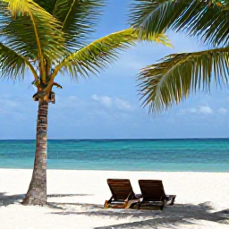 Caribbean Holidays, Trinidad Solo Holidays, Quiet sandy beach and turquoise water in Tobago with a lone sun lounger, palm trees and gentle September sunshine
