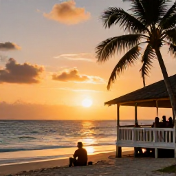 Caribbean Holidays, Trinidad Solo Holidays, Relaxed Caribbean beach in Tobago at sunset with a solo traveller sitting near the water and a small local restaurant nearby