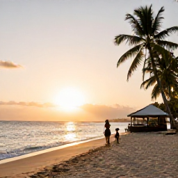 Caribbean Holidays, Trinidad Solo Holidays, Relaxed solo traveller on a sandy Tobago beach at sunset, with calm sea, palm trees and a small beach caf&eacute;