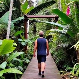 Caribbean Holidays, Trinidad Solo Holidays, Solo traveller enjoying a safe guided rainforest walk in Tobago, lush tropical plants, wooden path and soft daylight