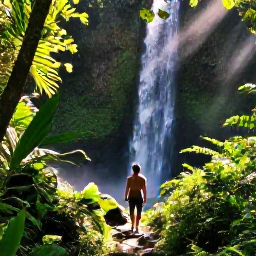 Caribbean Holidays, Trinidad Solo Holidays, Solo traveller hiking through lush Trinidad rainforest towards a waterfall, with tropical plants and dappled sunlight
