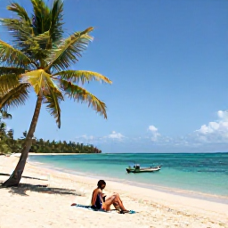 Caribbean Holidays, Trinidad Solo Holidays, Solo traveller relaxing on a quiet golden beach in Tobago with turquoise water, palm trees and a small fishing boat