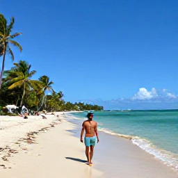 Caribbean Holidays, Trinidad Solo Holidays, Solo traveller walking along a bright Caribbean beach in Trinidad and Tobago during March, with calm turquoise water and palm trees