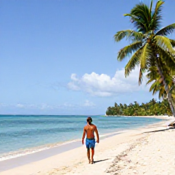 Caribbean Holidays, Trinidad Solo Holidays, Solo traveller walking along a bright Caribbean beach in Trinidad, with calm turquoise water and palm trees