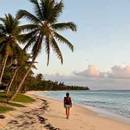 Caribbean Holidays, Trinidad Solo Holidays, Solo traveller walking along a quiet palm-fringed beach in Trinidad and Tobago during September, warm Caribbean light and calm sea