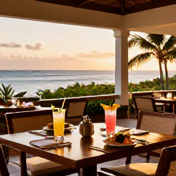 Caribbean Holidays, Trinidad Spa Breaks, A Caribbean evening at a stylish hotel restaurant in Trinidad, with fresh local food, tropical drinks and warm sunset light
